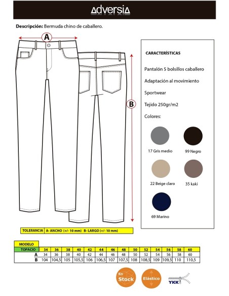 PANTALON HOMBRE ALGODON ELASTICO TOPACIO ADVERSIA