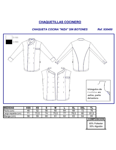 CHAQUETA COCINA NIZA CABALLERO BLANCA GARYS