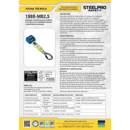 ANTICAIDAS RETRACTIL CINTA 2.5 MTS STEELPRO 2