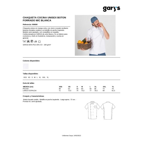 CHAQUETA COCINA BOTON FORRADO 908000 GARYS 2
