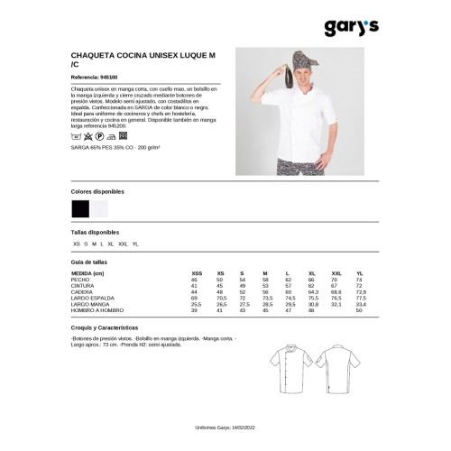 CHAQUETA COCINA UNISEX BLANCA LUQUE GARYS 2