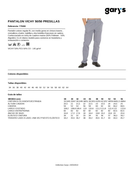 PANTALON COCINA CUADRO VICHY 7750 GARYS